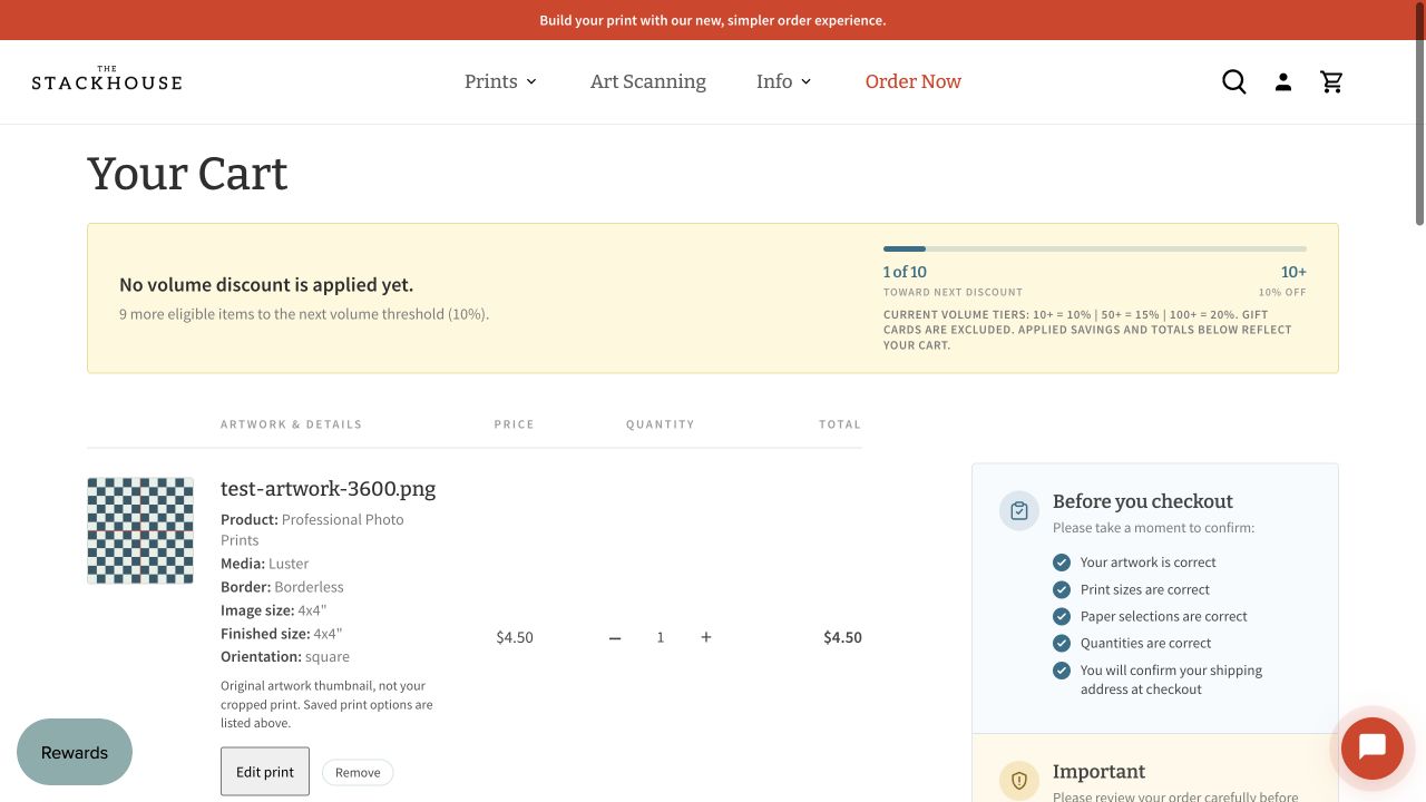 Configured photo print in the cart with image details, quantity controls, Edit print, and Remove.