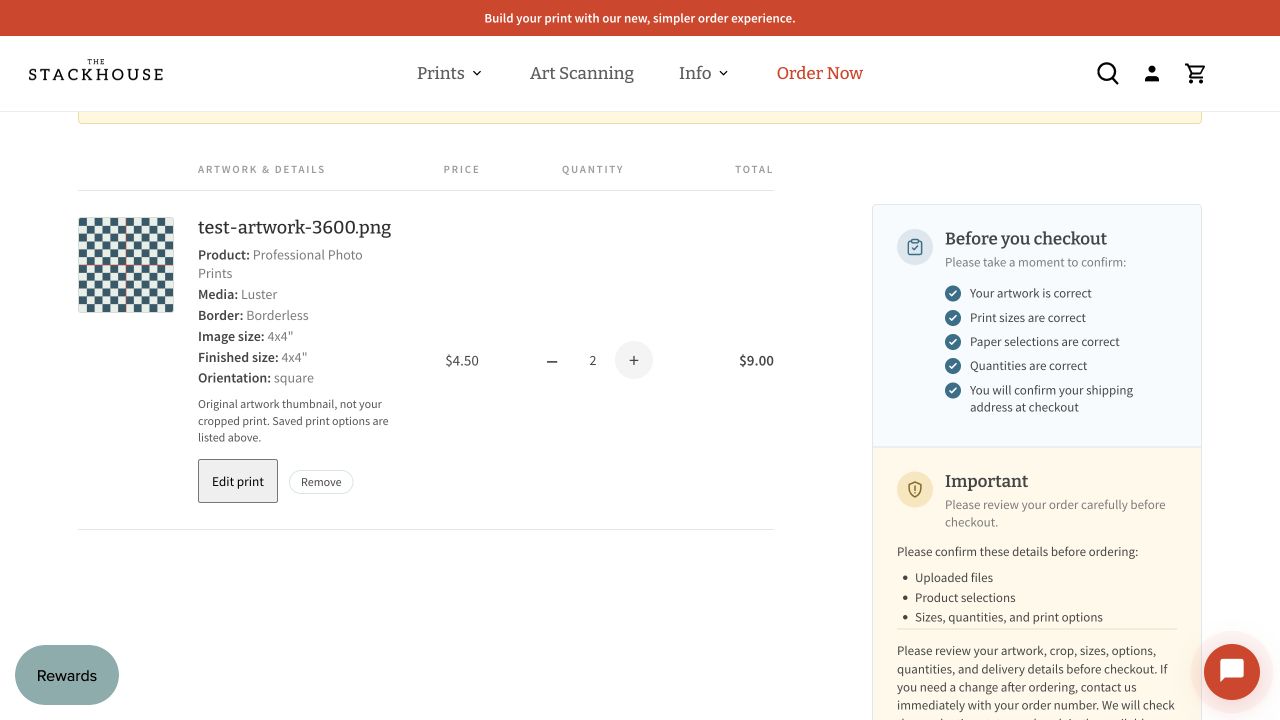 Cart quantity set to two, with the print line total updated to $9.00.