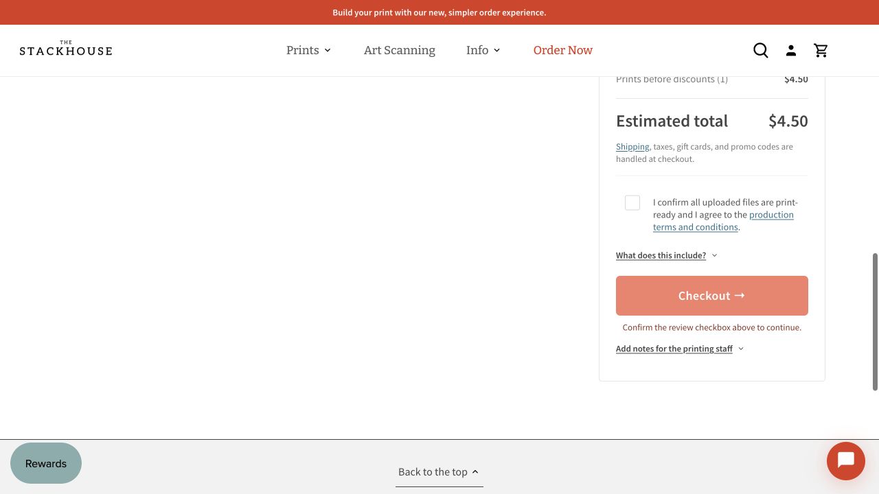 Cart order summary with an unchecked print-ready acknowledgment and unavailable Checkout button.