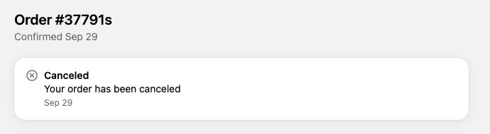 Customer order status showing Canceled and Your order has been canceled.