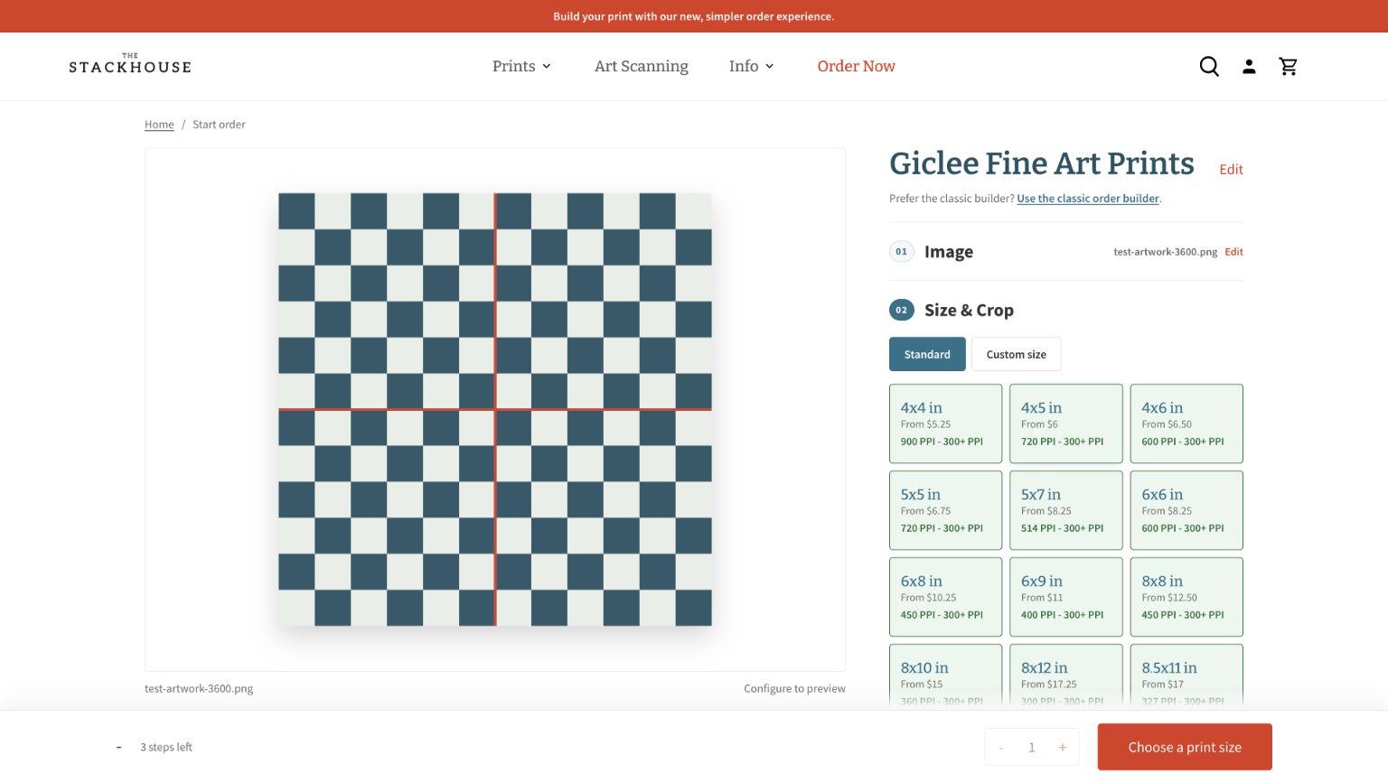 Stackhouse standard print size choices showing sizes, starting prices, and pixel-per-inch guidance beside checkerboard test artwork.