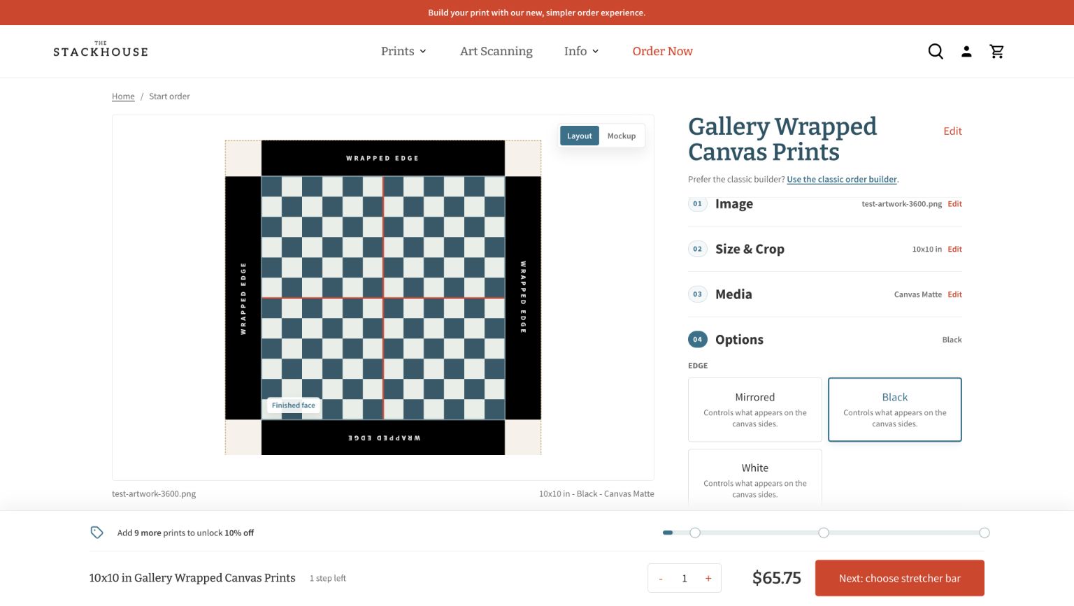 Stackhouse gallery-wrap layout preview with Black selected, showing black wrapped edges around the checkerboard test artwork on the front face.