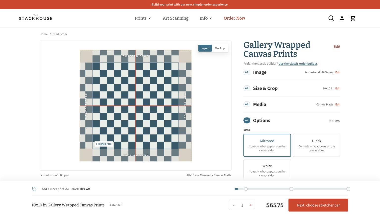 Stackhouse gallery-wrap layout preview with Mirrored selected and checkerboard test artwork repeated across the marked wrapped edges.